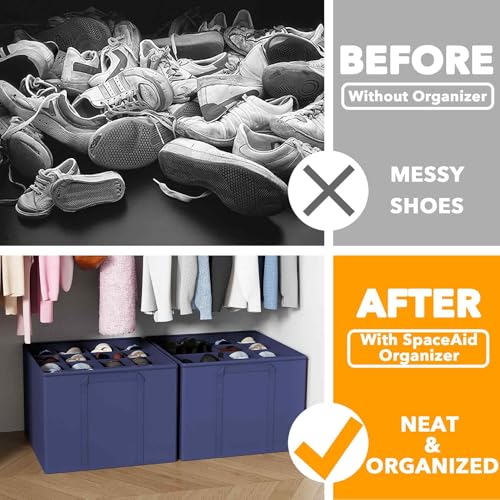 SpaceAid Shoe Organizer for Closet, 2 Pack Foldable Shoe Storage Containers Baskets Boxes Bins w/Adjustable Dividers, Fits 16-32 Pairs, Blue - color: Blue