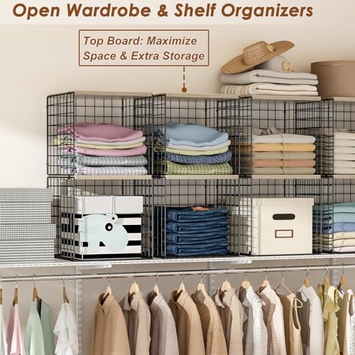 Hencawima 4-Tier Stackable Closet Organizers and Storage, Dual-Layer Reinforced Clothing Cube Shelves with Wood Tops, Sturdy Clothes Storage Bins & Shelf Basket for Wardrobe, Closet Organizer System