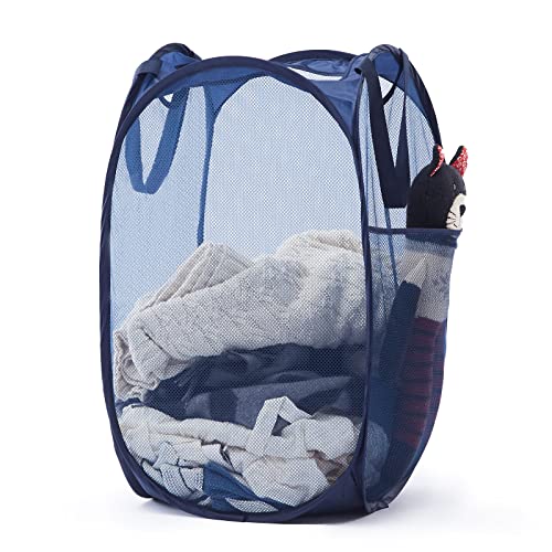 Collapsible Pop Up Laundry Basket, Hamper with Sturdy Handles and Side Pocket - Mesh Portable Foldable Dirty Clothes Hamper for Dorm, Laundry room, Bathroom and Travel Storage, Navy Blue - color: Blue, size: 1 Pack