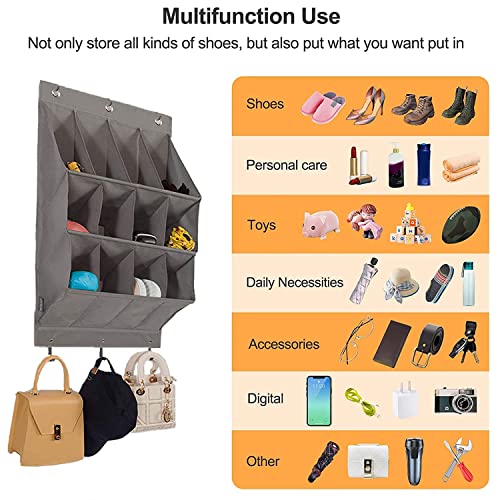 Over the Door Shoe Organizer, 12 Pockets Hanging Shoe Storage Rack with Large Deep Pockets, Oxford 600D Fabric Grey Shoe Storage Rack with 6 hook for Shoes, Slipper,Home Accessories etc-Black - color: Black, size: 12-Grids