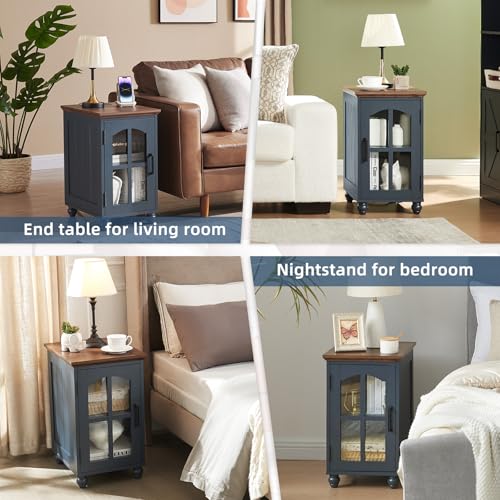 Narrow Side Table,Farmhouse Nightstand with Charging Station,Wood End Table with Glass Barn Door Storage, Cabinet Organizer with Adjustable Shelf, Night Stand for Small Spaces for Living Room Bedroom - color: Blue, size: Set 1