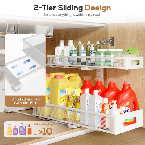 1 Pack 20.47IN Depth Under Sink Storage Organizer, Large 2-Tier Elegant Mesh Pull Out Shelf for Kitchen and Bathroom Cabinet Organization, L-Shaped and Adjustable Height Design-White - color: White, size: 1 Pack-20.47"Dx11.4"-16.14"H
