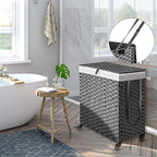 Greenstell Laundry Hamper with Wheels, No Install Needed, 90L Divided Handwoven Hampers & 2 Removable Liner Bags, Rattan Clothes Laundry Basket with Lid & Handles, Foldable Hampers Gray 18x13x26.4 In - color: Gray, size: 90L: 18.3x13.5x26.4 Inches