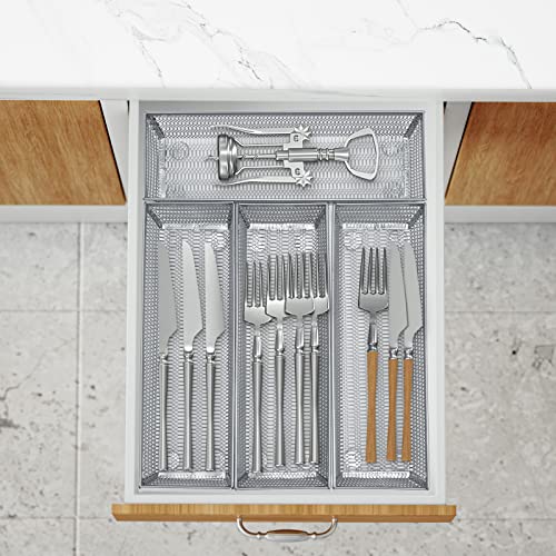 Neudeco Silverware Organizer,Mesh Drawer Organizer for Kitchen，Metal Utensil Organizer for Flatware, Knives, Spoons,Cosmetic (Silver 9 * 3 * 2 inch Pack6) - color: Silver-6 pack