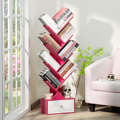 SHEEPAM 8 Tier Tree Bookshelf with Drawer, Free Standing Wood Bookcase for Narrow Space, Storage Organizer Bookshelves for Books, Book Case for Home Office, Living Room, Bedroom - Pink - color: Pink, size: 8 Tier