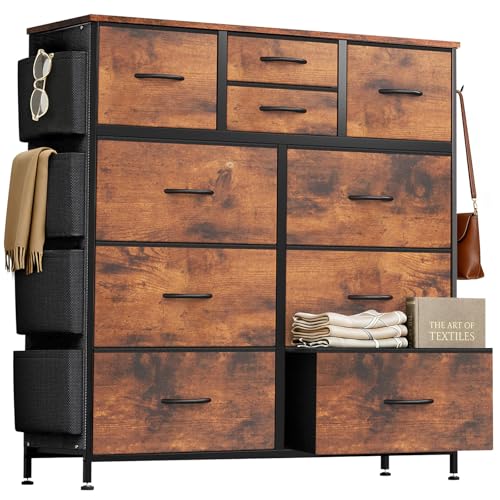 Dresser for Bedroom with Side Pockets and Hooks, 10 Drawers Storage Organizer Chest of Drawers, Sturdy Metal Frame for Living Room, Hallway, Closet, Brown - color: Brown