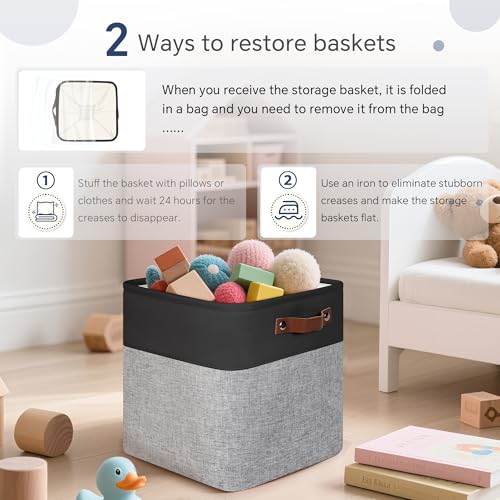 FinishingBo Cube Storage Baskets 6 Pack, 11x11 inch Cube Storage Bins with Leather Handles for Shelf Closet (Black/ Gray) - color: Black/ Gray