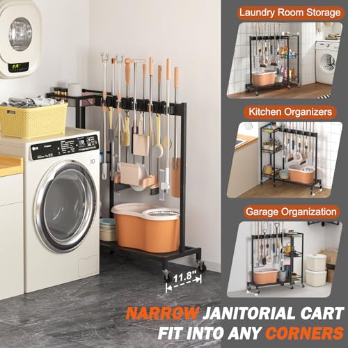 Broom Holder with Cleaning Supplies Organizer, Broom Closet Storage Cabinet with Cleaning Caddy, Cleaning Cart with Mop Hanger Gripper Rack Hooks,Janitorial Housekeeping cart,Laundry Room Organization - size: Large