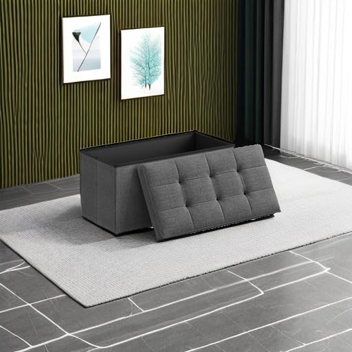 SONGMICS MAZIE Collection - 30 Inches Folding Storage Ottoman Bench, Ottoman Foot Rest, End of Bed Bench, Storage Chest, Load 660 lb, for Living Room, Bedroom, Entryway, Dark Gray ULSF47K - color: Dark Gray, size: 15"D x 30"W x 15"H