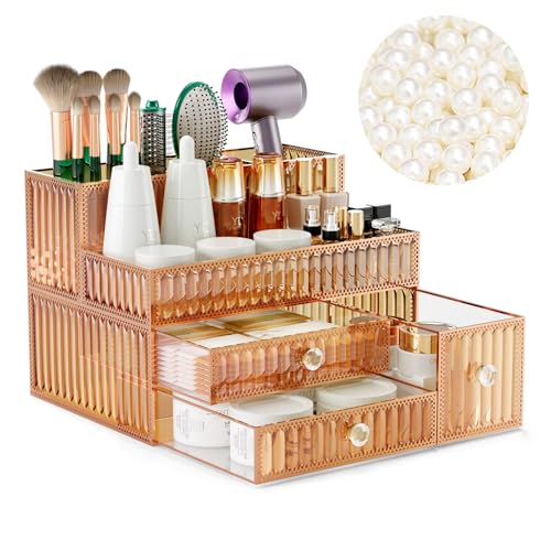 Makeup Organizer Golden- Tempered Glass Vanity Organizer for Cosmetics, Skincare, Hair Tools, Brushes, Perfume - Multipurpose Bathroom Counter Skincare Organizer - color: Golden