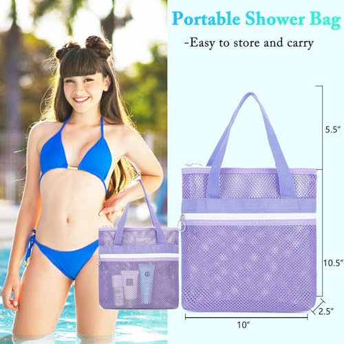 Fammart Mesh Shower Caddy Portable with Zipper & 2 Pockets - Quick Dry Shower Caddy Hanging for Travel Gym Camp Beach - Organizer Bag Bathroom Essentials for College Dorm - color: Small, Zipper Closure - Purple