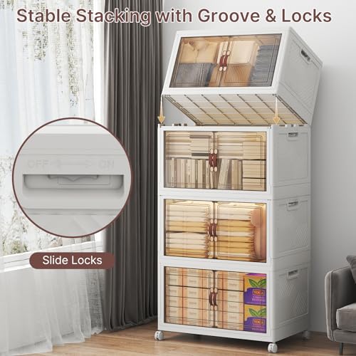 UAMFURI Stackable Storage Bins with Lids, 480QT Closet Organizers, Lockable Storage Cabinet，Foldable Storage Box with Doors and Wheels, Plastic Drawers for Home, Garage, Office (4, White, Large) - color: White, size: Large