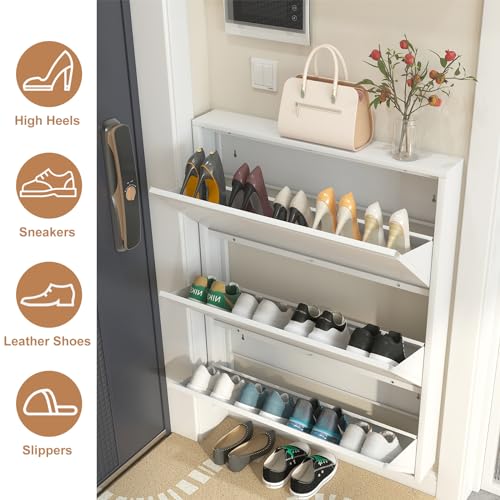 LUCYPAL White Shoe Cabinet Storage for Entryway,Slim Shoe Cabinets with 3 Flip Drawers,Metal Hidden Wall Shoe Cabinet for Living Room,Bedroom,Apartment 43" H*31.5" W*6" D - color: White, size: 3 Drawers