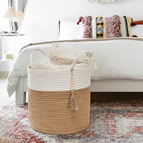 Mkono Woven Storage Basket Decorative Rope Basket Wooden Bead Decoration for Blankets,Toys,Clothes,Shoes,Plant Organizer Bin with Handles Living Room Home Decor, 15"Wx17.7"L,White and Yellow - color: Cream White and Brown, size: 15"W x 17.7"L