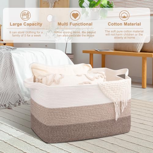 OIAHOMY Extra Large Blanket Basket, 95L Cotton Rope Woven Laundry Basket, Toy Bin for Baby Room, Container for Blanket Storage in Living Room, 24''×17''×14'', Gradient Brown - color: Gradient Brown, size: 95L