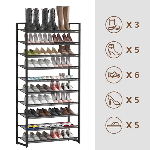 Shoe Rack, 10-Tier Metal Shoe Organizer, Tall Shoe Rack for Closet,entryway,Garage, with Adjustable Flat or Angled Shelves, 42-50 Pairs,Shoes that can accommodate The Whole Family. - color: Black, size: 10Tier