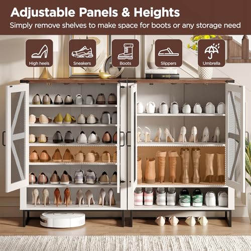 Maupvit 42.1" Farmhouse Shoe Cabinet with Ventilated Mesh Doors, 6-Tier Shoe Storage Cabinet with Adjustable Shelves & Metal Legs, Rustic Wooden Shoe Rack Organizer for Entryway, Hallway, Foyer, White - color: White