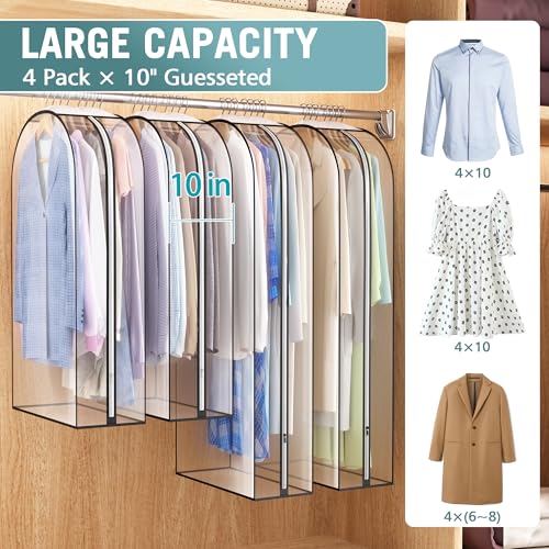 Liuoud Clear Garment Bag for Hanging Clothes 10” Gusseted, (40&50") Suit Bags for Open Closet Storage Plastic Clothes Cover for Coat, Dress, Shirts, Fur, Jacket, Wardrobe Protectors, 4 Pack - color: Clear, size: 40+50 inch