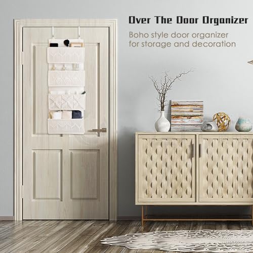 janebeauties Over the Door Organizer Macrame Boho Nursery Storage with 4 Large Woven Pockets, Hanging Basket for Bathroom, Nursery & Closet Doors, Behind the Door Storage Organizer, Cream White