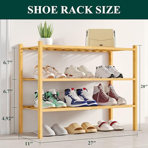 Smiry Shoe Rack, 3 Tier Bamboo Shoe Organizer, Stackable Free Standing Wooden Shoe Storage Shelf for Closet, Entryway, Front Door Entrance, Natural - color: Natural, size: 26.80" Wide - 3 Tier - Regular
