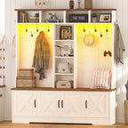 CSZZD Hall Tree with Bench and Shoe Storage, Farmhouse Entryway Bench with Coat Racks and Led Lights, Large Hall Tree with 12 Coat Hooks, 8 Storage Cubbies, Adjustable Shelf