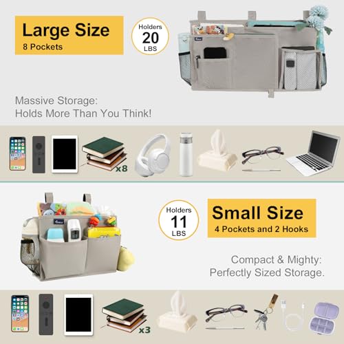 Surblue Bedside Caddy Bunk Bed Storage Organizer Hanging Pockets for College Dorm Rooms, Hospital Beds, Baby Bed Rails, Camping, RV, Small and Large Set, Grey - color: A-Grey, size: Small+Large