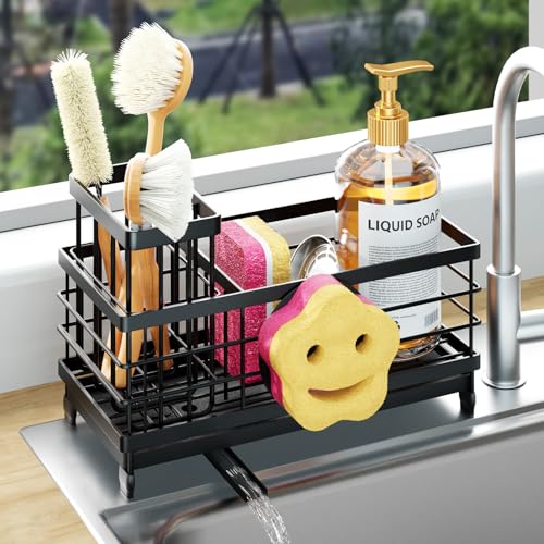 HapiRm Sponge Holder for Kitchen Sink - Self-draining Sink Caddy with Smiley Face and Brush Holder, Stainless Steel Kitchen Countertop Essentials and Gadgets - Black - color: Black, size: with Smiley Face Sponge Holder（single）