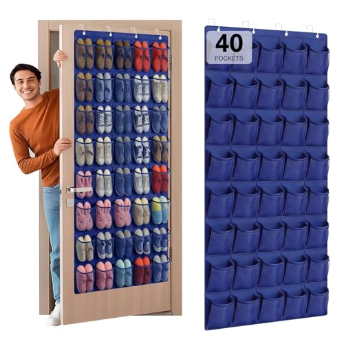 40-Pocket Over the Door Shoe Organizer - Large Mesh Pocket Hanging Shoe Organizer,Behind the Door Shoes Storage Holder Hanger - color: Navy Blue