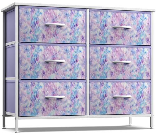Sorbus Kids Dresser with 6 Drawers - Storage Chest Organizer Unit with Steel Frame, Wood Top & Handles, Tie-dye Fabric Bins for Clothes - Wide Furniture for Bedroom Hallway Kids Room Nursery & Closet - color: Purple Tie Dye, style: 6-Drawer
