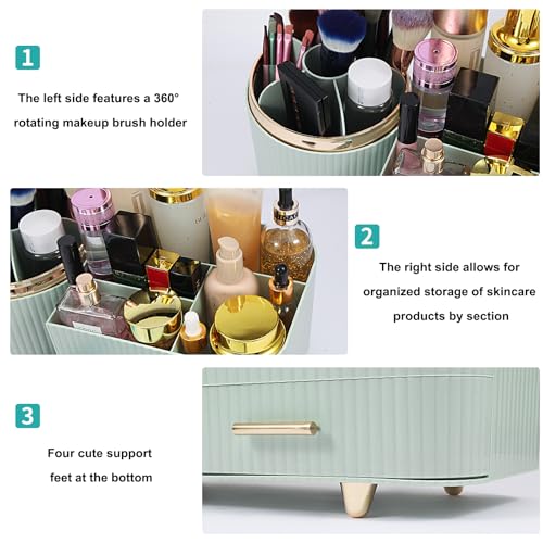 Makeup Organizer Countertop with Drawer 360 Rotating Brush Holder Storage Large Capacity Skincare Cosmetic Display Cases for Vanity Bathroom Desktop, Model 3016 Green - color: Green