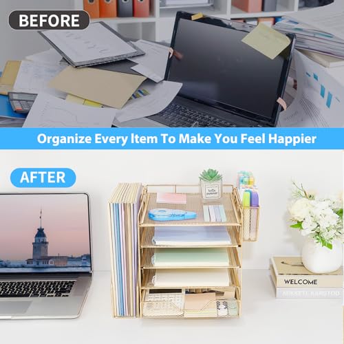 Desk Organizer, 5-Tier Paper Letter Tray Organizer with File Holder, Drawer and Pen Holder, Desktop Organizer for Office Supplies, Gold - color: Gold