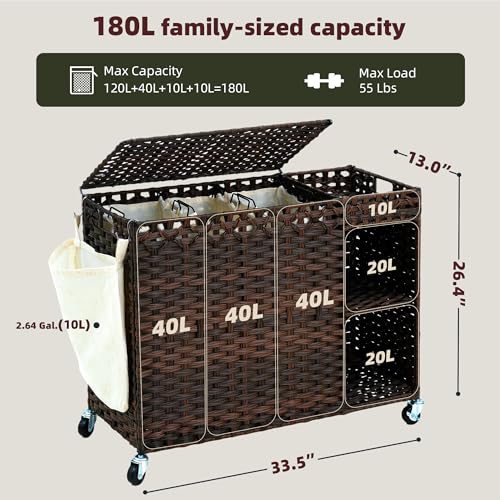 Laundry Hamper with Lid, 160L Rattan Wicker Laundry Basket with Wheels, Handwoven Laundry Hamper 3-Section with Storage shelf(42.3 Gal), Laundry Sorter Basket with Removable Liner,Brown HLH033BR - color: Brown, size: 33.5”L x 13”W x26.4”H