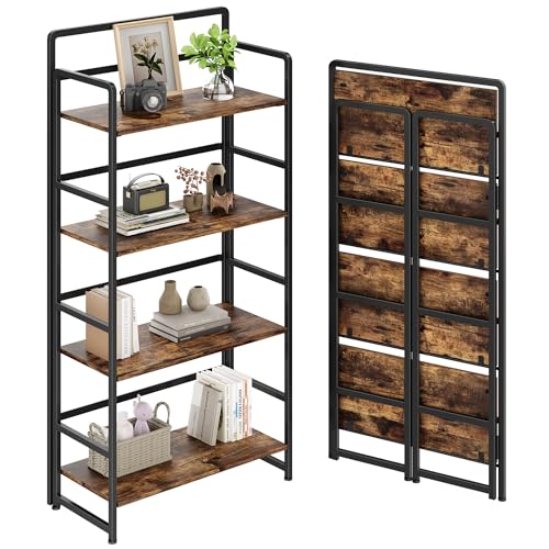 No Assembly Folding Bookshelf, 4 Tiers Collapsible Book Shelf for Home Office, Vintage Wood Foldable Bookcase Storage Organizer for Living Room Bedroom (Rustic Brown) - color: Rustic Brown, size: 4-tier