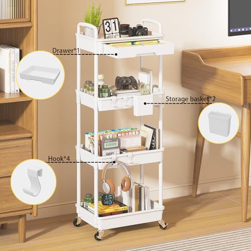 4 Tier Rolling Utility Cart with Drawer, Plastic Storage Organizer Rolling Carts with Wheels Handles Hanging Cups Hooks for Office, Bathroom, Kitchen,Craft Art Room (White) - color: White, size: 4-Tier