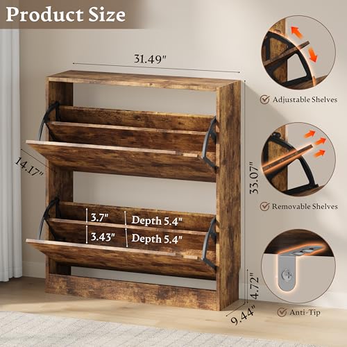 BORNOON Shoe Cabinet with 2 Flip Drawers, Slim Narrow Shoe Storage Cabinet, Freestanding Shoe Organizer with Adjustable & Removable Shelves, Top Display Shelf for Entryway, Hallway, Foyer, Closet - color: Brown, size: 2-Drawer