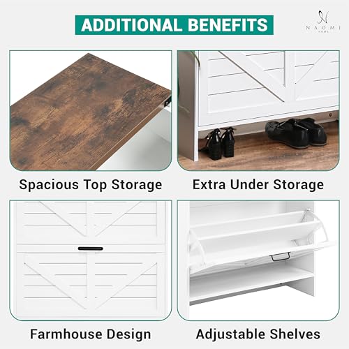 Naomi Home Berenice 32.68" Farmhouse Shoe Cabinet for Entryway with 2 Flip Drawers and 2 Storage Drawers - Slim Narrow Shoe Storage Cabinet, White Shoe Organizer Cabinet - color: White