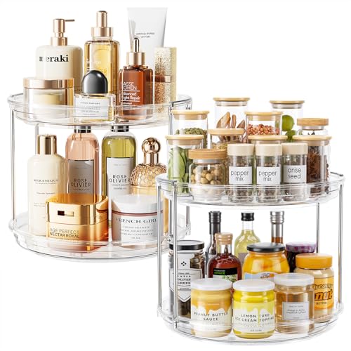 LAMU 2 Pack 2 Tier Lazy Susan Turntable Organizer 10.6'' Rotating Spice Rack Organization for Cabinet, Kitchen, Pantry, Countertop, Bathroom, Vanity, Medicine Cabinet Organizer, Clear - color: Clear, size: 10.6in 2Pack