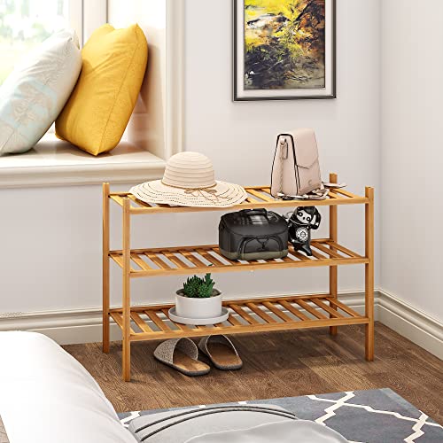 BMOSU 3-Tier Bamboo Shoe Rack Premium Stackable Shoe Shelf Storage Organizer for Hallway Closet Living Room Entryway Organizer (Natural Bamboo) - color: Natural Bamboo, size: 3-Tier（27*11*18.3inches）