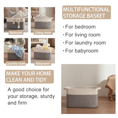 OIAHOMY Large Blanket Basket, 65L Cotton Rope Woven Laundry Basket, Toy Bin for Baby Room, Container for Blanket Storage in Living Room, 20''×16''×12'', Grey & White - color: Grey & White, size: 65L