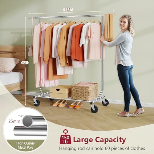 Tajsoon Clothing Rack Heavy Duty Clothes Racks Foldable Garment Rack with Wheels and Extendable Rod, Collapsible Clothing Rack Max Capacity 250lbs, Industrial Rolling Racks with Bottom Shelf, Chrome - style: Single Rod Commercial