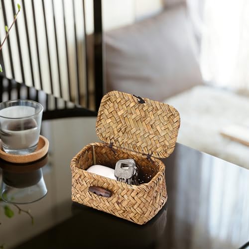 Hipiwe Handwoben Seagrass Basket With Lid Wicker Storage Baskets Decorative Shelf Basket Mini Desktop Organizer, Caramel 4.3" x 2.5" x 2.1" - color: Caramel color, size: 4.3" x 2.5" x 2.1"