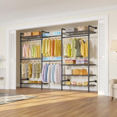 Timate F3 Garment Rack Heavy Duty Clothes Rack for Hanging Clothes, Expandable Industrial Pipe Wall Mounted Clothing Racks, Adjustable Storage Wardrobe Closet Kit Walk in Closet Systems, Black - color: Black, size: F3