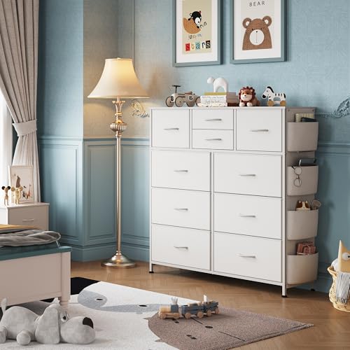 WLIVE White Dresser for Bedroom with 10 Drawers, Chest of Drawers with Side Pockets and Hooks, PU Storage Dresser, Sturdy Metal Frame, Drawers Organizer Unit for Living Room, Hallway, Closet - color: White