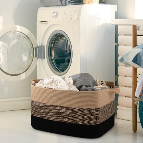 OIAHOMY Extra Large Blanket Basket, 95L Cotton Rope Woven Laundry Basket, Toy Bin for Baby Room, Container for Blanket Storage in Living Room, 24''×17''×14'', Brown & Black - color: Brown & Black, size: 95L