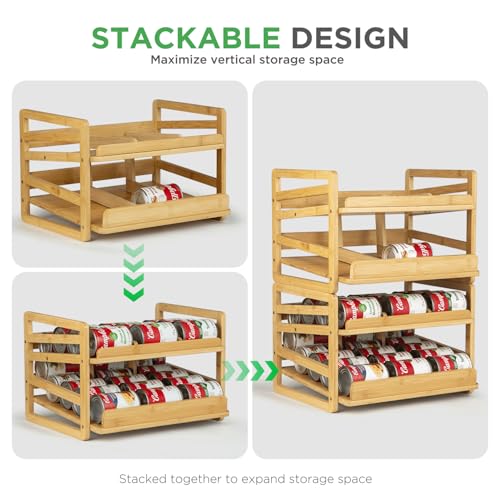 Bamboo Rolling Can Organizer for Pantry, Stackable 2 Tier Canned Food Organizer Rack for Storage, Kitchen Cabinet, Can Holders Dispensers for Pantry Up To 27 Cans