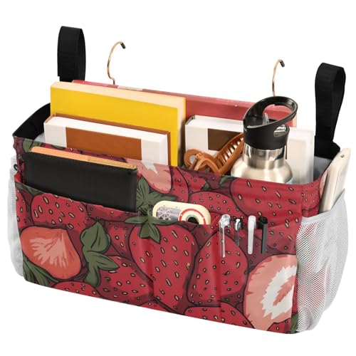 Bedside Caddy Hanging Bunk Bed Caddy Bed Organizer Hanging Pocket with 2 Hooks Bedside Storage Organizer Pocket Bag Holder Cartoon Red Strawberry - color: Cartoon Red Strawberry
