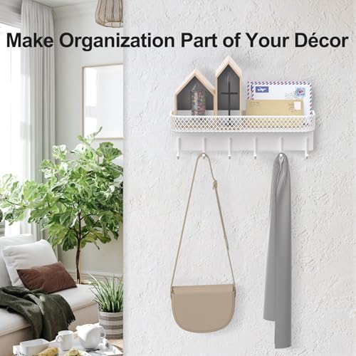 Lwenki Key Holder for Wall – Decorative Stainless Steel Key Hanger with 6 Hooks for Hats, Bags, Leashes – Mail Holder Key Rack with Mounting Hardware and Guide (9.65” x 2.8” x 2.2”) (White) - color: White