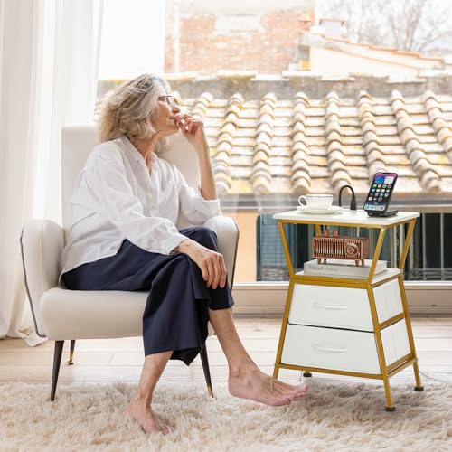 Nightstand with Charging Station, Side Tables for Bedroom with Built-in USB Side Table with 2 USB Ports and Outlets Nightstand with Cloth Drawer End Tables Living Room Sofa Couch - color: White Gold With Socket