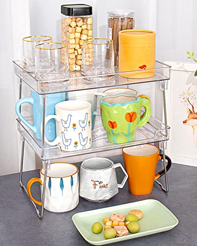 Kitchen Stackable Shelves 2Pack, Cabinet Storage Shelf Rack, Foldable Countertop Shelf Organizer for Kitchen, Bedroom and Bathroom, Cabinet Storage Organization-Clear