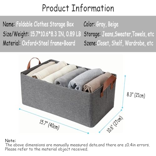 AARAINBOW 4 Pcs Closet Clothes Organizer with Handle, Closet Shelf Fabric Storage Box Steel Frame, Stackable Shelf Storage Baskets Foldable Wardrobe Storage Box for Clothes Pants, 23L (2 Gray 2 Beige) - color: Beige,Gray